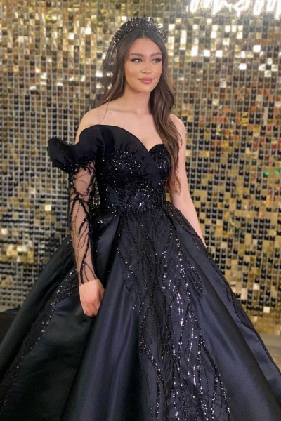 Black Long Ball Gowns Sweetheart Satin Lace Prom Dress with Sleeves_2