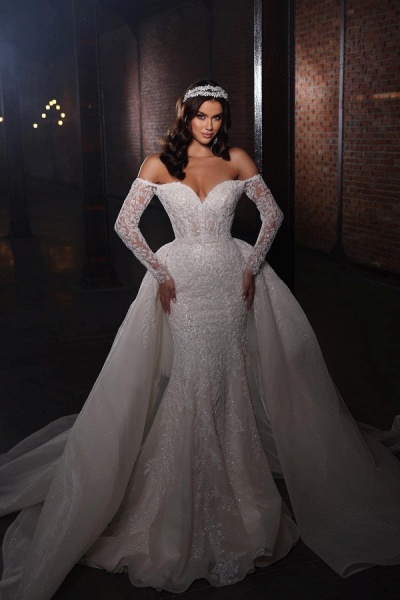 Gorgeous Long Mermaid Off the Shoulder Lace Wedding Dress with Sleeves_1