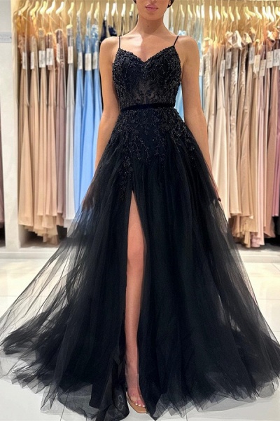 Chic Black Long A-line V-neck Tulle Lace Prom Dress with Slit | Cocosbride