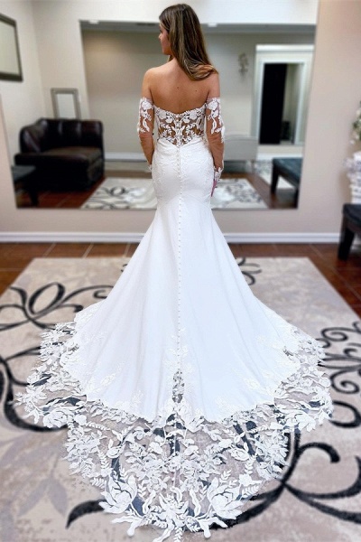 Elegant White Long Mermaid Sweetheart Satin Lace Wedding Dress with Sleeves_2
