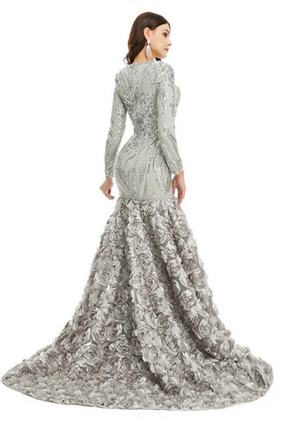 Charming Long Mermaid V-neck Satin Lace Prom Dress with Sleeves_12