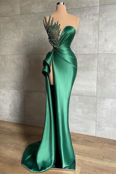 Green Long Mermaid Sweetheart Satin Beads Prom Dress with Slit_1