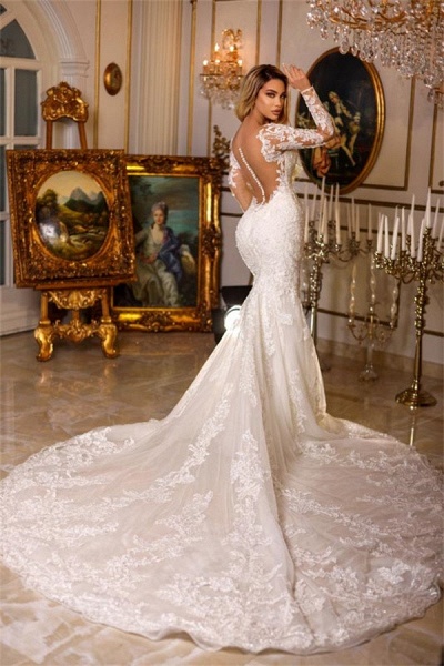 Gorgeous Mermaid Sweetheart Tulle Lace Long Sleeves Wedding Dress with Train_3