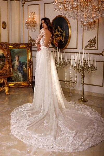 Charming Long Mermaid Sweetheart Tulle Lace Wedding Dress with Sleeves_2