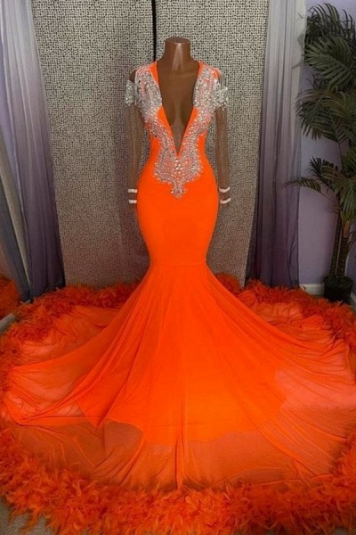 Wunderschönes orangefarbenes langes Ballkleid mit V-Ausschnitt und Meerjungfrau-Quaste und Ärmeln_1