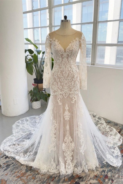 Gorgeous Long Mermaid Jewel Tulle Lace Backless Wedding Dresses with Sleeves_1