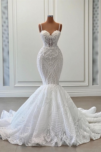 Charming Long Mermaid Sweetheart Tulle Lace Wedding Dress with Ruffles_1