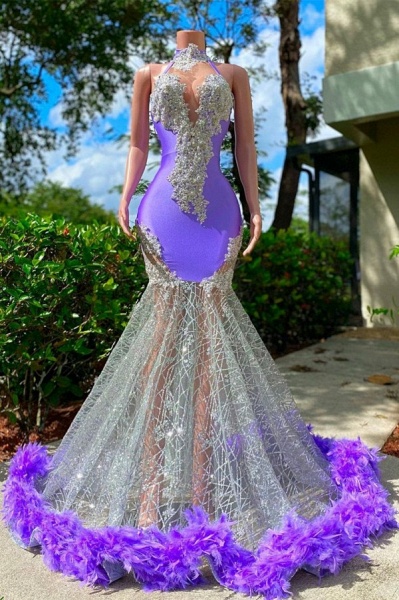 Charming Purple Long Mermaid Halter Satin Tulle Prom Dress_1