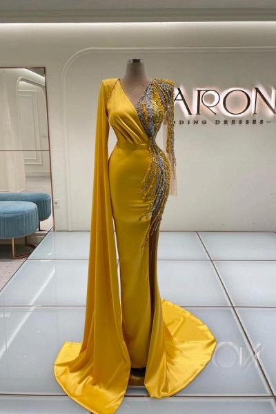 Gorgeous Yellow Long Mermaid V-neck Satin Beading Prom Dresses with Sleeves_1