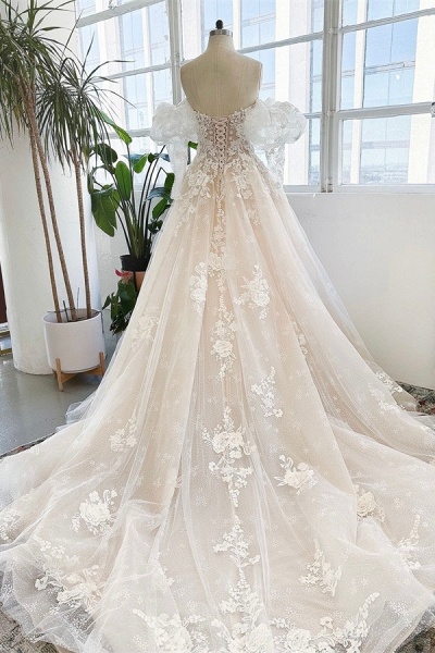 Modest Long A-line Sweetheart Tulle Lace Wedding Dresses_3