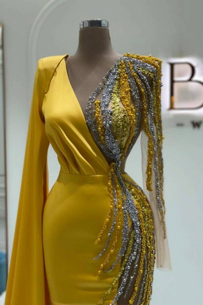 Gorgeous Yellow Long Mermaid V-neck Satin Beading Prom Dresses with Sleeves_2