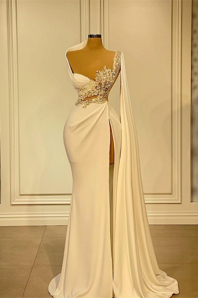 Elegante lange asymmetrische Rüschen im Meerjungfrau-Stil, die Satin-Hochzeitskleid mit Schlitz bördeln_1