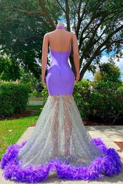 Charming Purple Long Mermaid Halter Satin Tulle Prom Dress_3