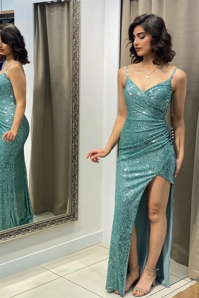 Long Mermaid V-neck Spaghetti-Straps Sequins Prom Dress with Slit_1