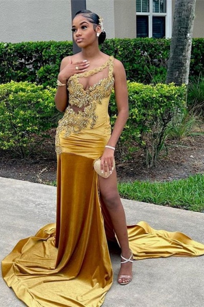 Charming Gold Long Mermaid One Shoulder Satin Appliques Lace Prom Dress with Slit_1