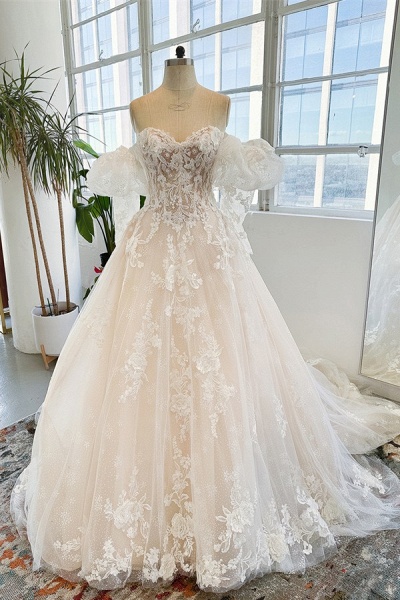 Modest Long A-line Sweetheart Tulle Lace Wedding Dresses_2