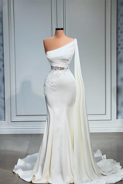 White Long Mermaid One Shoulder Satin Lace Prom Dress_1