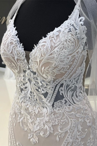 Charming Long Mermaid Sweetheart Spaghetti Straps Tulle Lace Wedding Dress_3