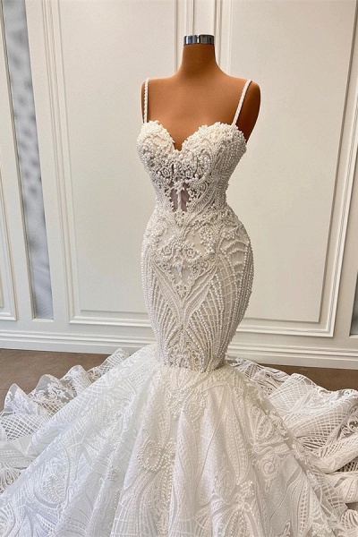 Charming Long Mermaid Sweetheart Tulle Lace Wedding Dress with Ruffles_2
