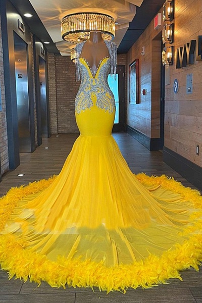 Charming Yellow Long Mermaid Sweetheart Tulle Beading Backless Prom Dress_1