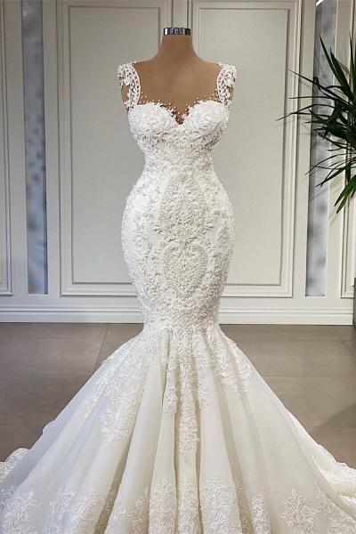 Gorgeous Long Mermaid Sweetheart Ruffles Lace Wedding Dress_2