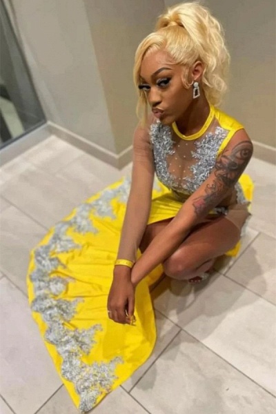 Fabulous Yellow Long Mermaid Jewel Satin Beading Prom Dress with Slit_1