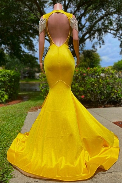 Gorgeous Yellow Long Mermaid Tassel Off the Shoulder Satin Backless Prom Dress with Ruffles_2