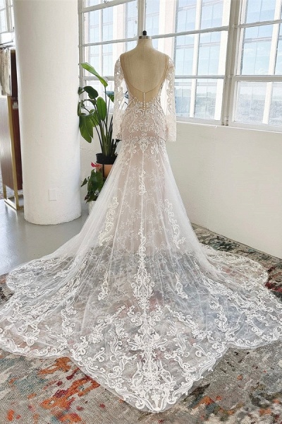 Gorgeous Long Mermaid Jewel Tulle Lace Backless Wedding Dresses with Sleeves_2
