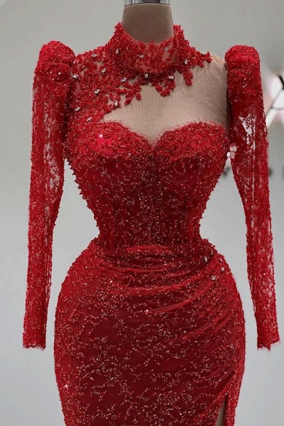 Fabulous Long Sleeves Mermaid High Collar Sequined Beading Prom Dress with Slit_2
