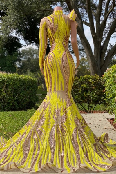 Chic Yellow Long Mermaid High Neck Tulle Lace Prom Dress with Sleeves_2