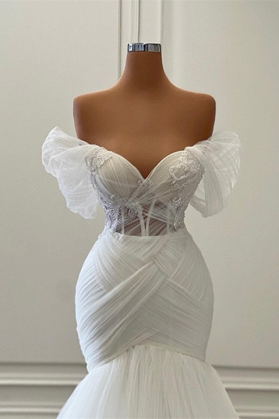 Wunderschönes weißes langes Meerjungfrau-Brautkleid aus schulterfreiem Tüll_2