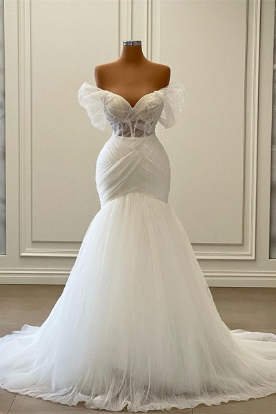 Gorgeous White Long Mermaid Off the Shoulder Tulle Wedding Dress_1