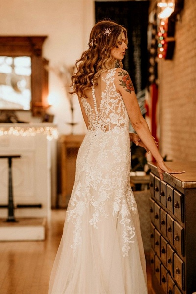Elegant Long Mermaid V-neck Straps Tulle Lace Wedding Dress with Ruffles_3