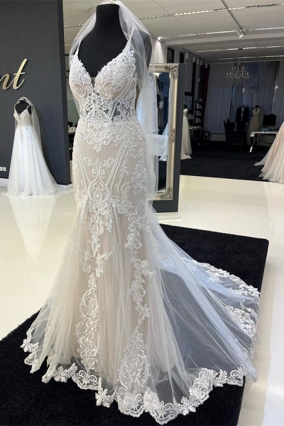 Charming Long Mermaid Sweetheart Spaghetti Straps Tulle Lace Wedding Dress_1