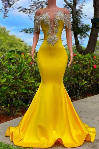 Gorgeous Yellow Long Mermaid Tassel Off the Shoulder Satin Backless Prom Dress with Ruffles_1
