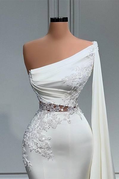 White Long Mermaid One Shoulder Satin Lace Prom Dress_2