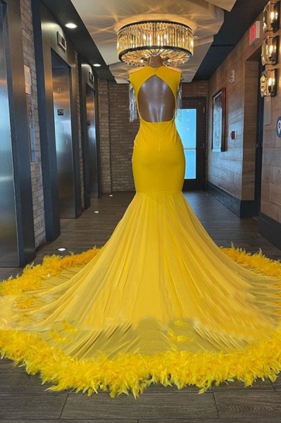 Charming Yellow Long Mermaid Sweetheart Tulle Beading Backless Prom Dress_2