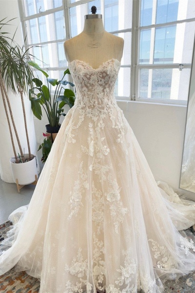 Modest Long A-line Sweetheart Tulle Lace Wedding Dresses_1