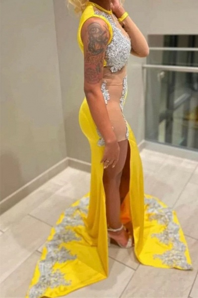 Fabulous Yellow Long Mermaid Jewel Satin Beading Prom Dress with Slit_2