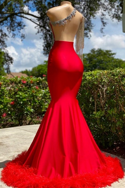 Charming Red Long Mermaid Tassel One Shoulder Satin Backless Prom Dress_2
