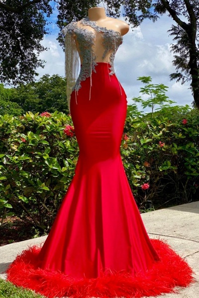 Charming Red Long Mermaid Tassel One Shoulder Satin Backless Prom Dress_1