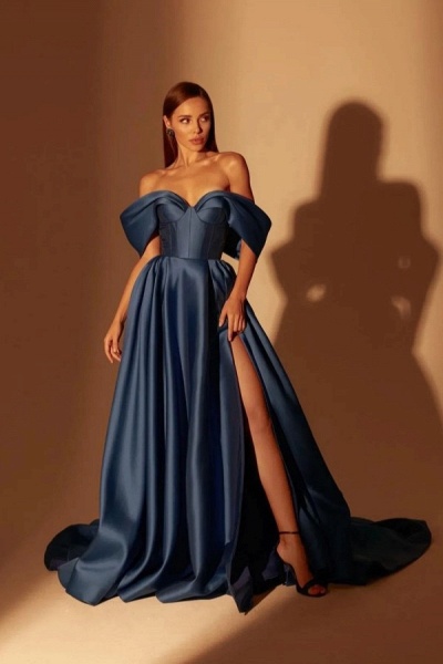 Modest Long A-line Off the Shoulder Satin Formal Prom Dresses with Slit_1