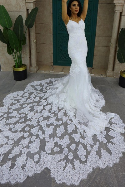 Luxuriöse weiße lange Meerjungfrau-Schatz-Spitze rückenfreie Brautkleider_2