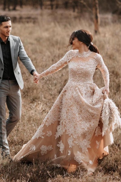 Charming Champagne Long A-line High Neck Tulle Lace Wedding Dresses with Sleeves_5