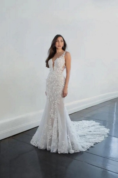 Elegant Long Mermaid V-neck Tulle Lace Backless Wedding Dresses_1