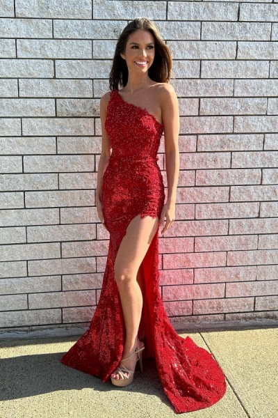 Beautiful Long Mermaid One Shoulder Lace Formal Prom Dresses with Slit_1
