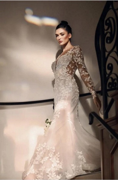 Gorgeous Long Mermaid Sweetheart Tulle Lace Wedding Dresses with Sleeves_4