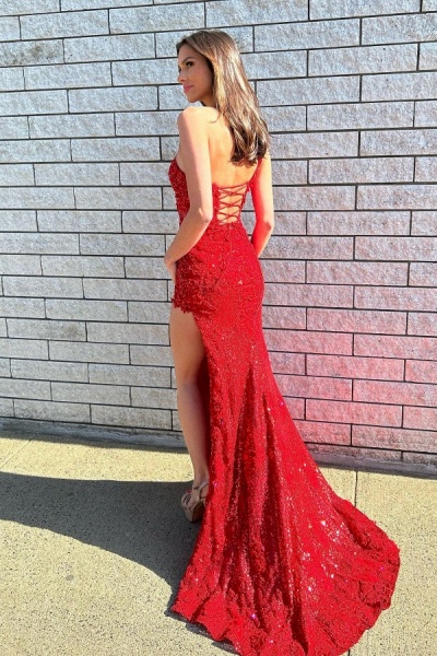 Beautiful Long Mermaid One Shoulder Lace Formal Prom Dresses with Slit_2