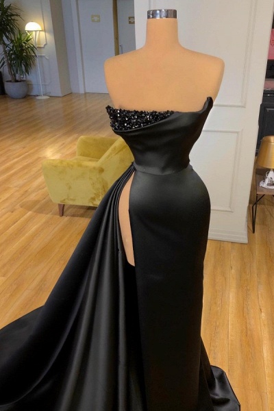 Elegant Long Mermaid Strapless Formal Prom Dresses with Slit Black Evening Gowns_2