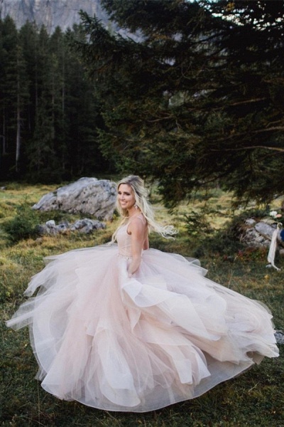 Beautiful Long Ball Gown V-neck Tulle Backless Wedding Dresses_2